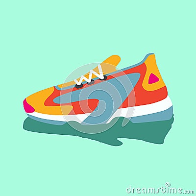 Colorful bright yellow pink blue orange sneakers. Vector flat illustration. Simple illustration of fitness and sport, gym shoe. Si Vector Illustration